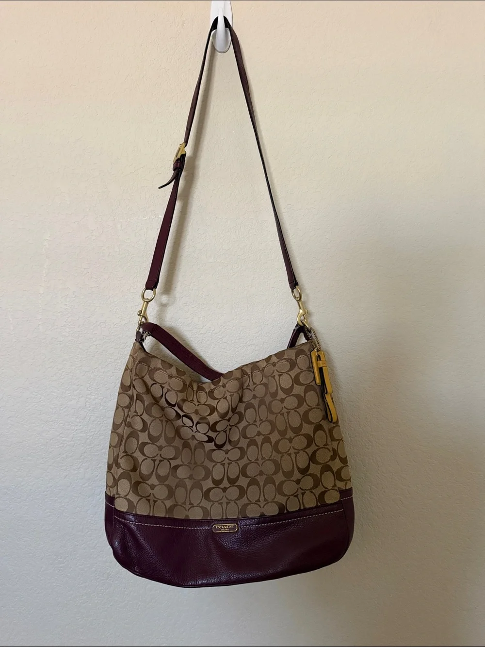 Coach Canvas Hobo Bag in Tan and Burgundy